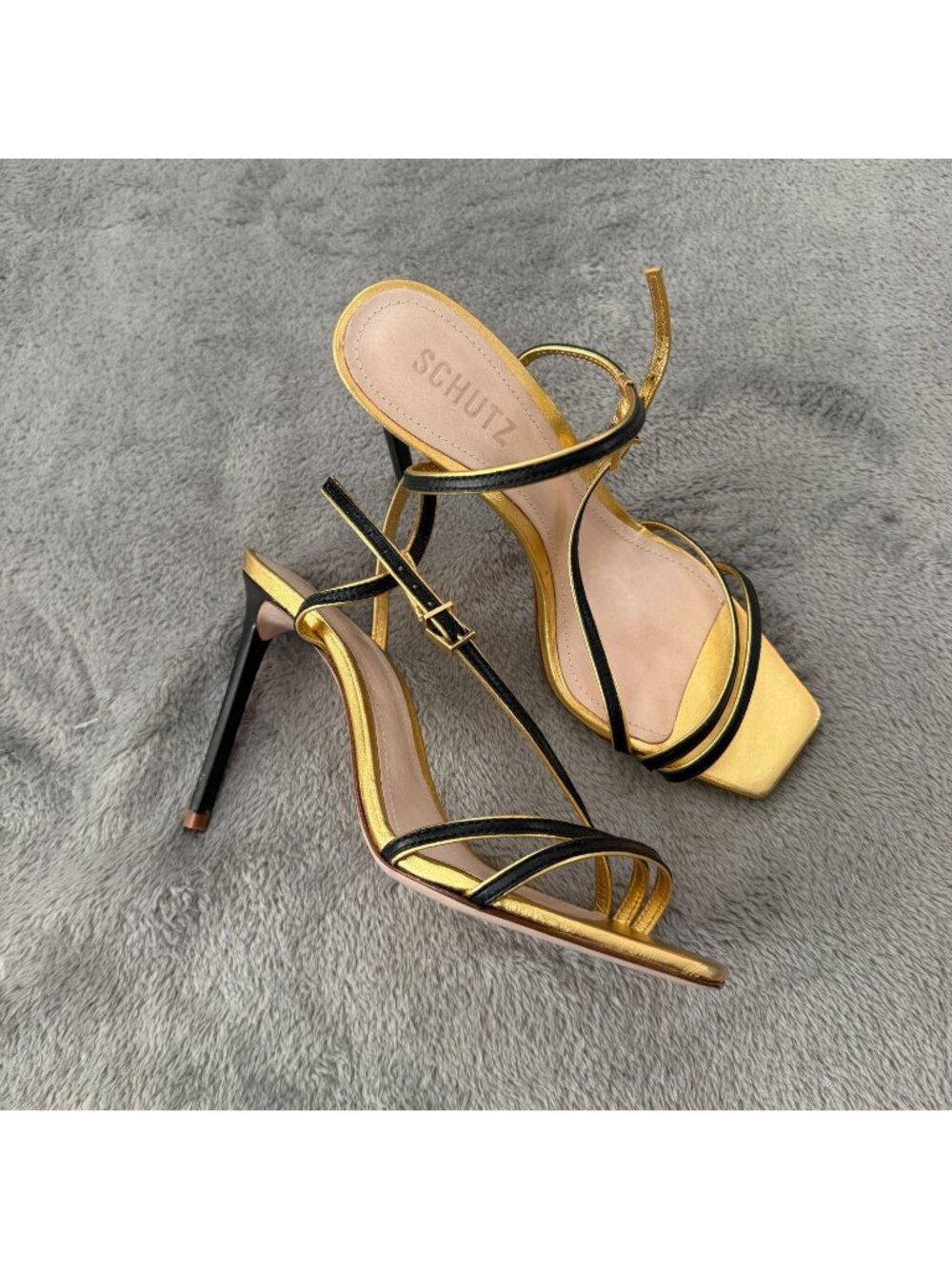 Schutz Black Gold Stiletto Strappy Heels Shoes Womens 8.5